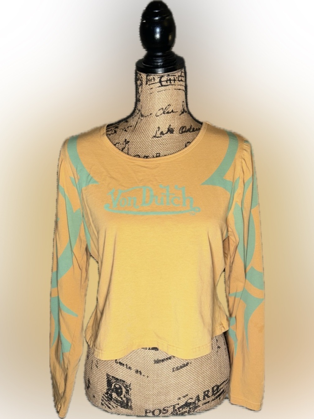 Von Dutch Cropped Yellow Orange Teal Tattoo Long Sleeve Scoop Neck Tee Shirt 1X